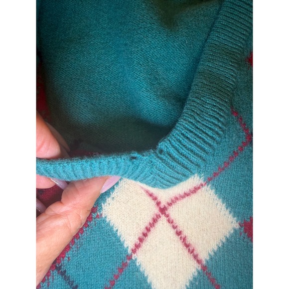Alan Paine Vintage Lambswool Argyle V-Neck Sweater Teal Red Made in England 44 - Picture 7 of 9